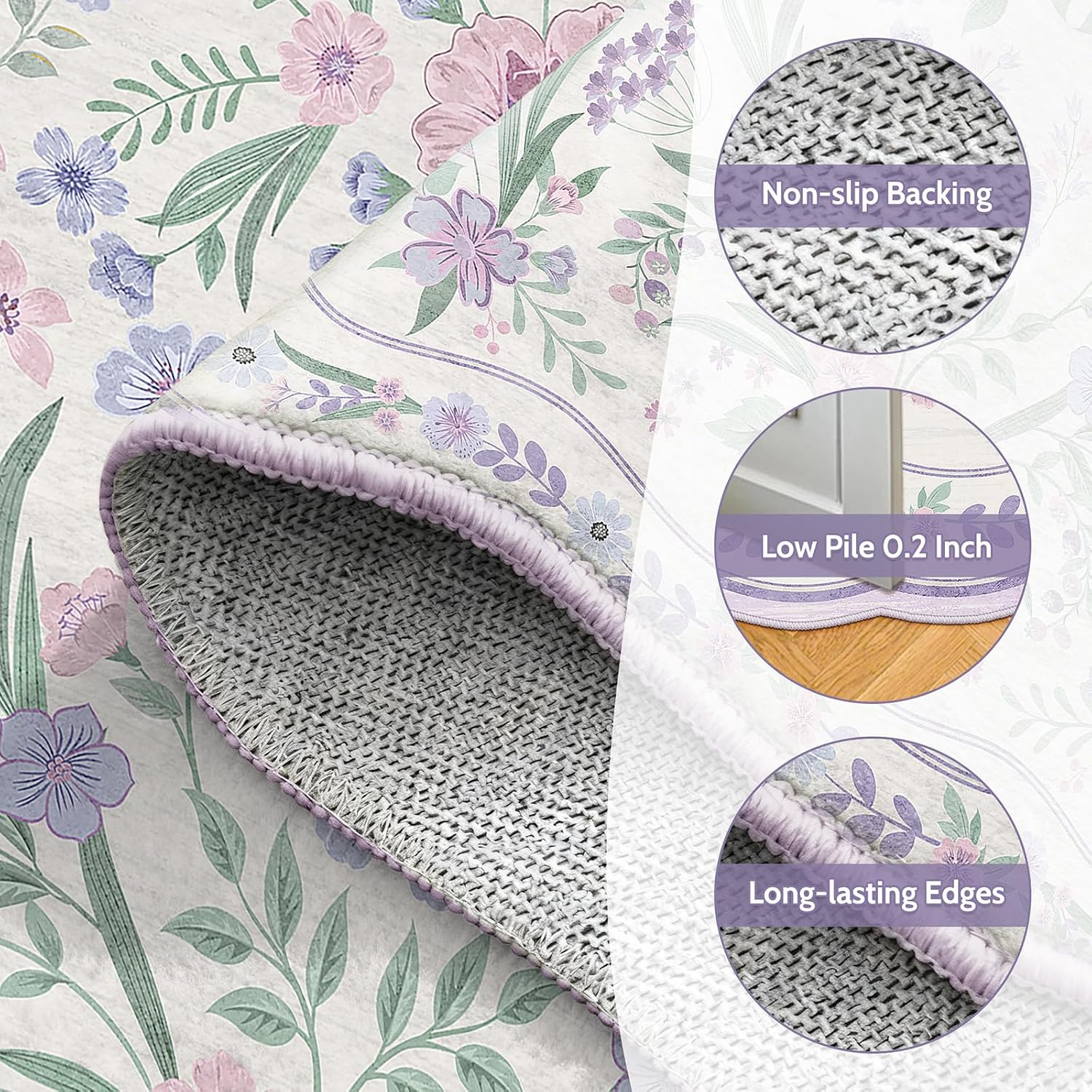 Purple Scalloped Floral Washable Rug - Rugsco.ca