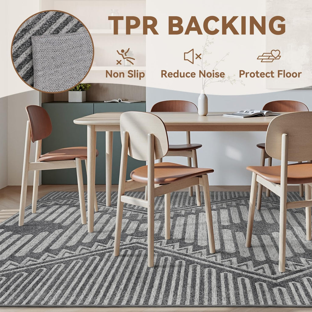 Grey Tufted Boho Geometric Washable Rug - Rugsco.ca