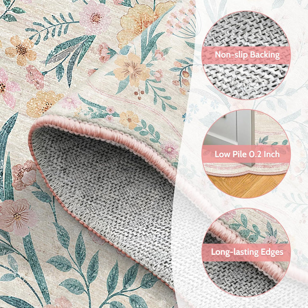 Pink Scalloped Floral Washable Rug - Rugsco.ca