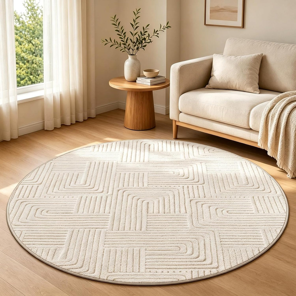 Geometric Cream Boho Round Washable Rug - Rugsco.ca