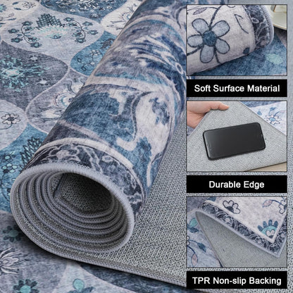 Turkish Blue Rug Non Slip Modern  Living Room Kitchen and Bedroom