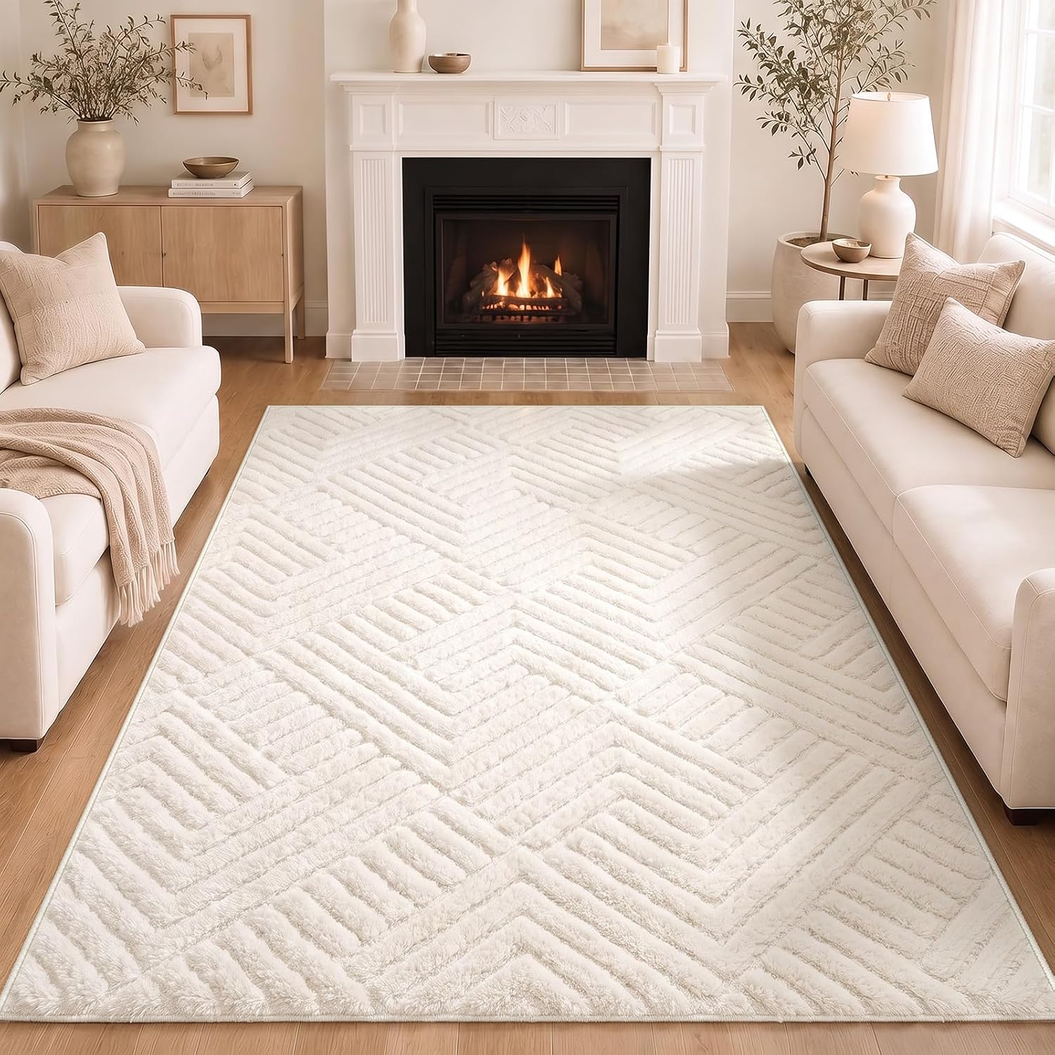Beige Stripe Washable Rug - Rugsco.ca