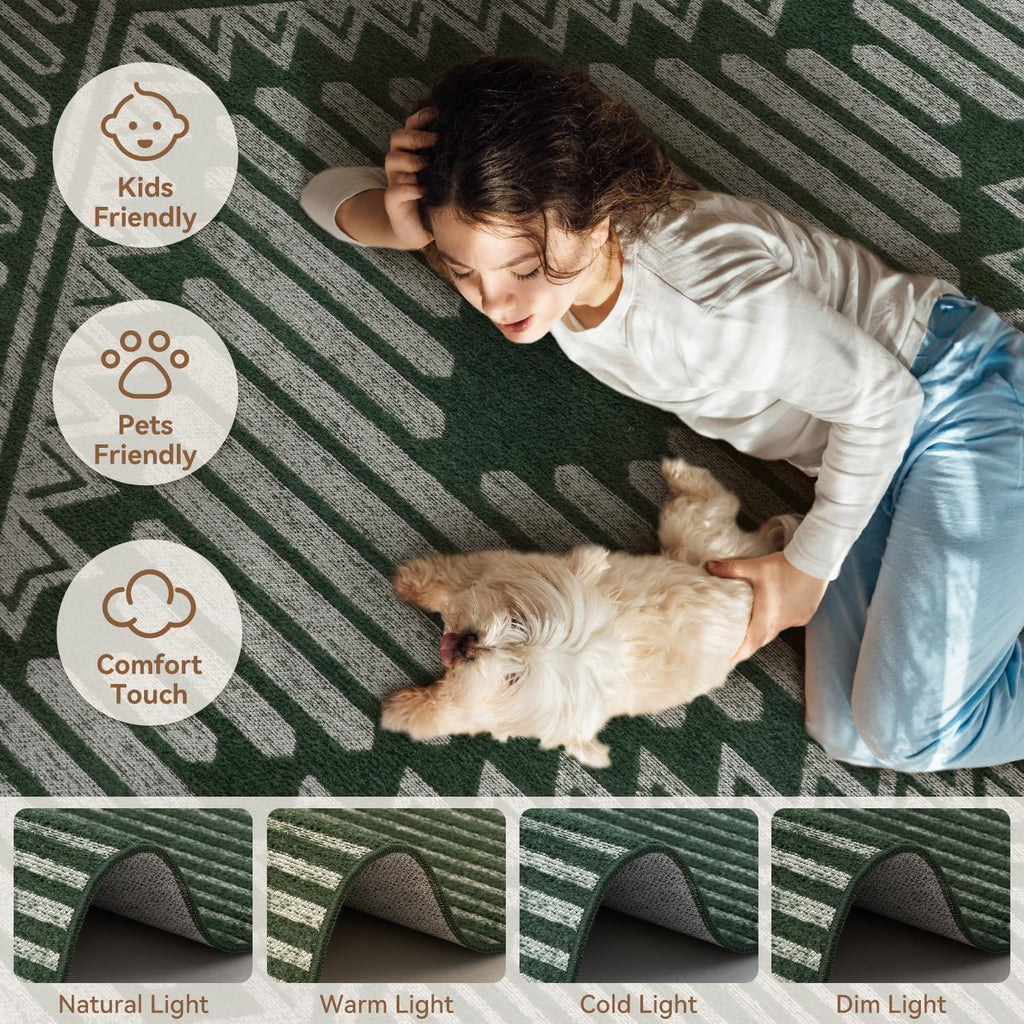 Green Tufted Boho Geometric Washable Rug - Rugsco.ca