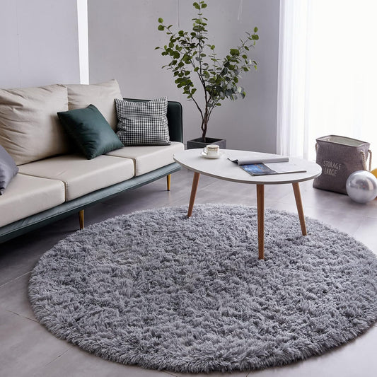 Round Fluffy Rug Grey Plain 