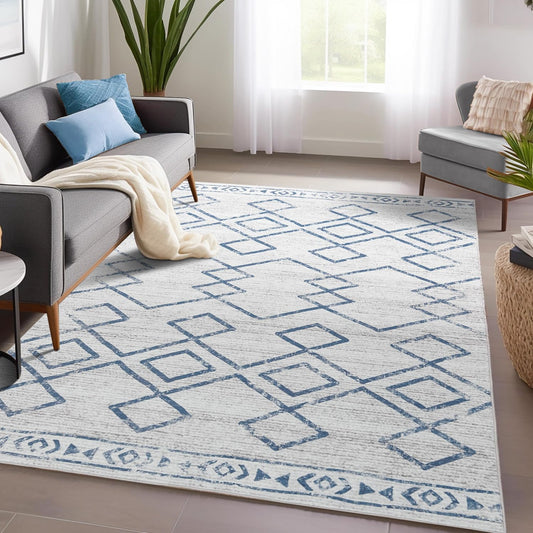Boho Grey Blue Non Slip Modern  Living Room Kitchen and Bedroom