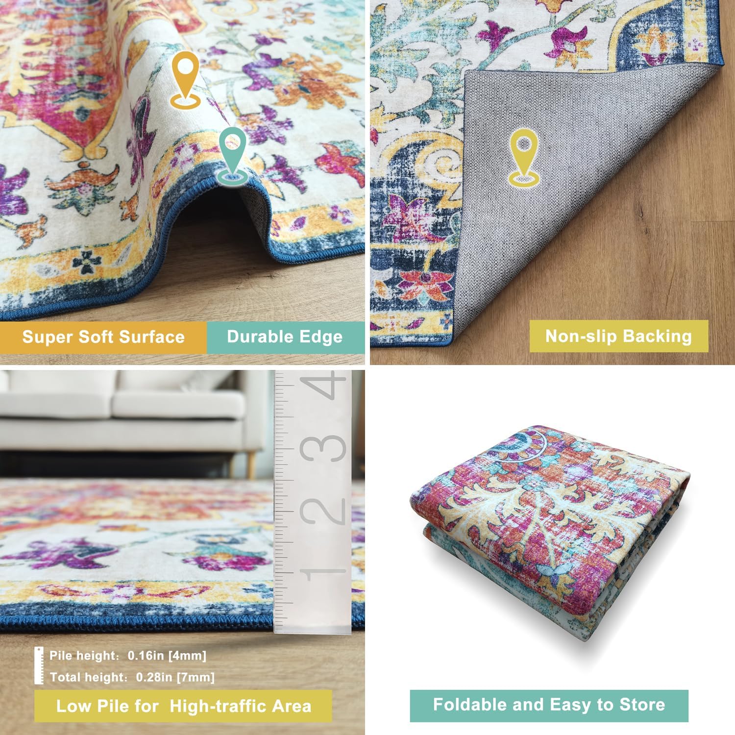 Modern Washable Rug Boho Non-Slip Blue and Multicolor Area Rug