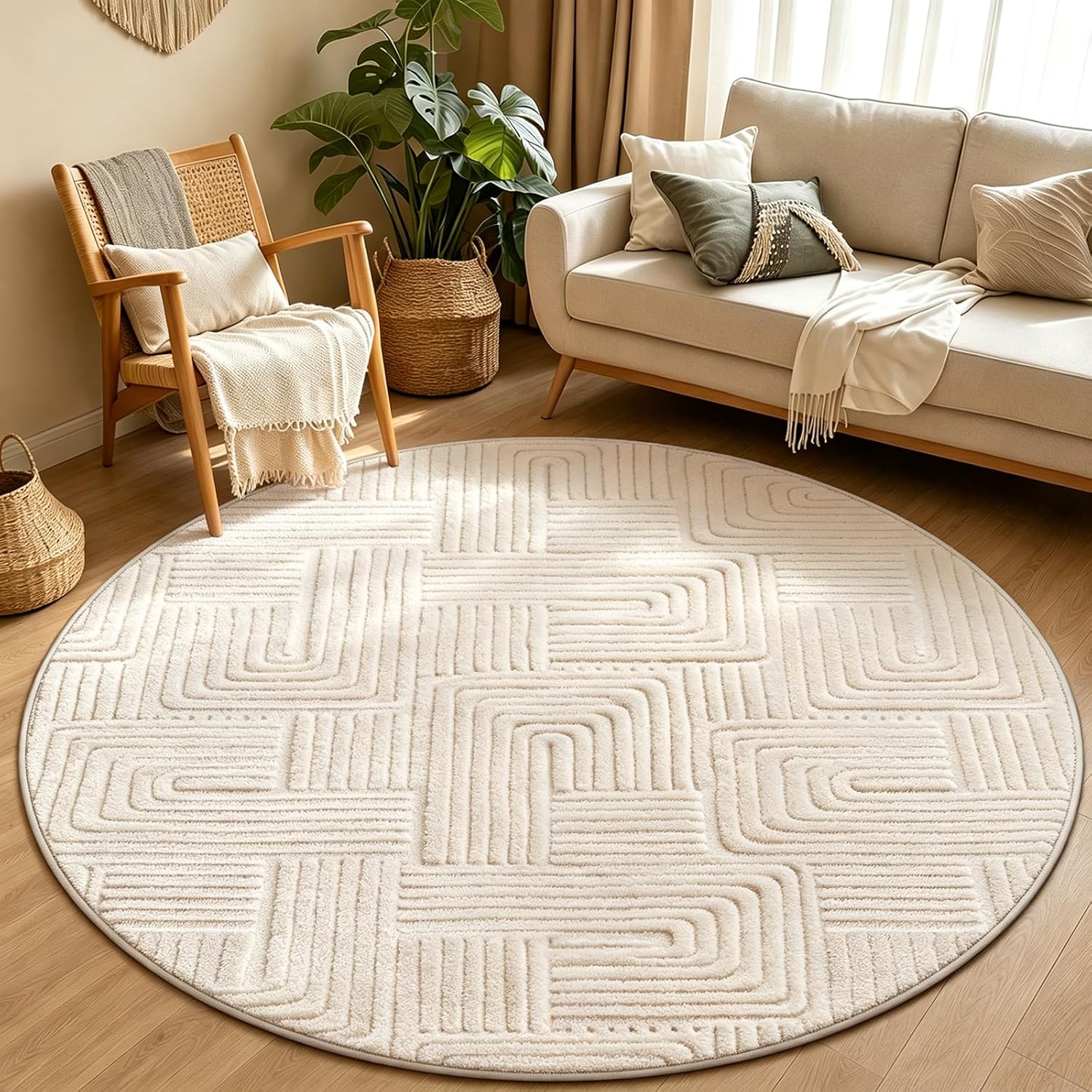 Geometric Cream Boho Round Washable Rug - Rugsco.ca