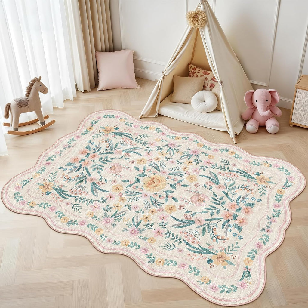 Pink Scalloped Floral Washable Rug - Rugsco.ca