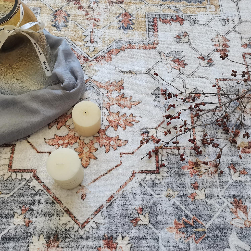 Modern Washable Rug Boho Non-Slip Beige and Grey Area Rug 