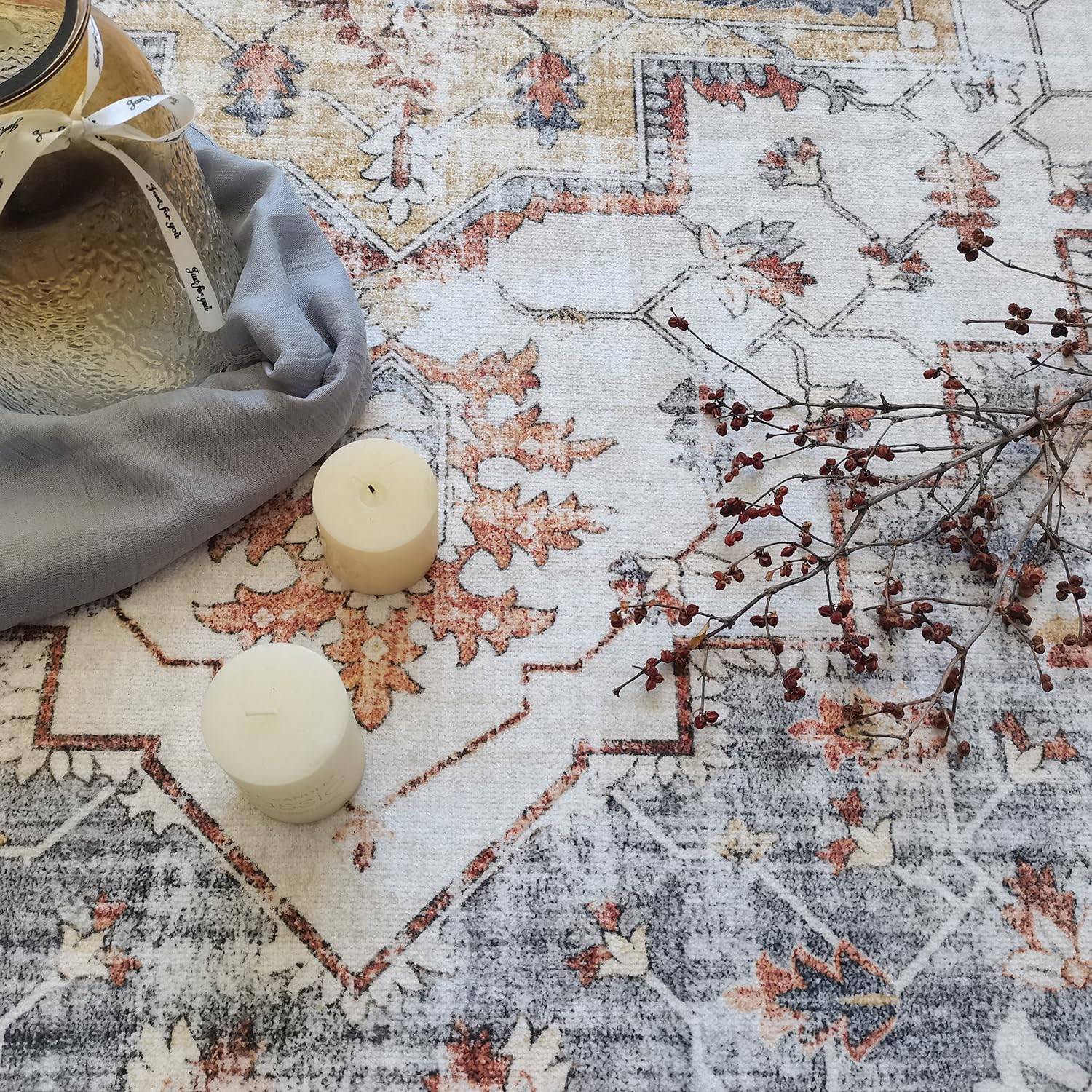 Modern Washable Rug Boho Non-Slip Beige and Grey Area Rug 