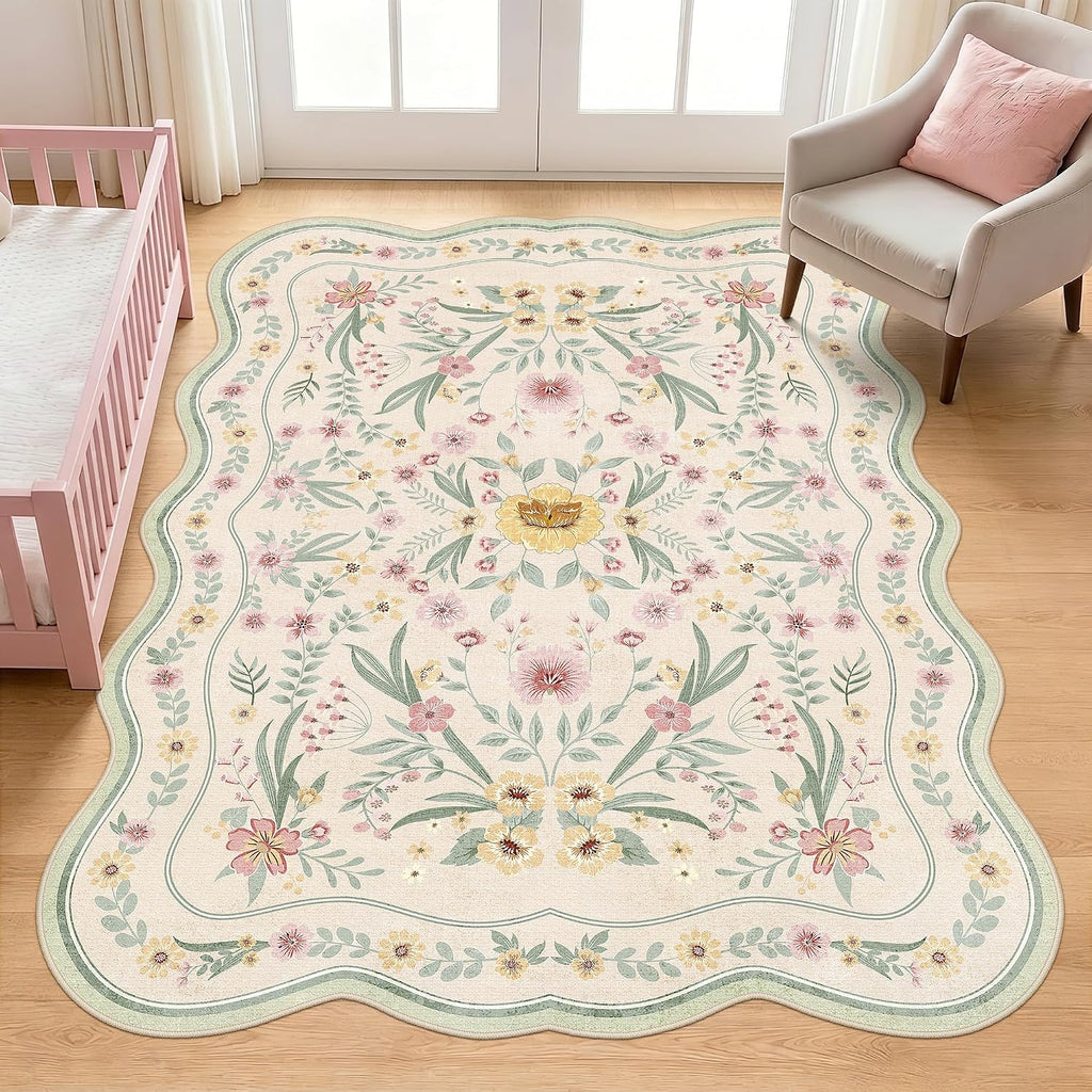 Green Scalloped Floral Washable Rug - Rugsco.ca