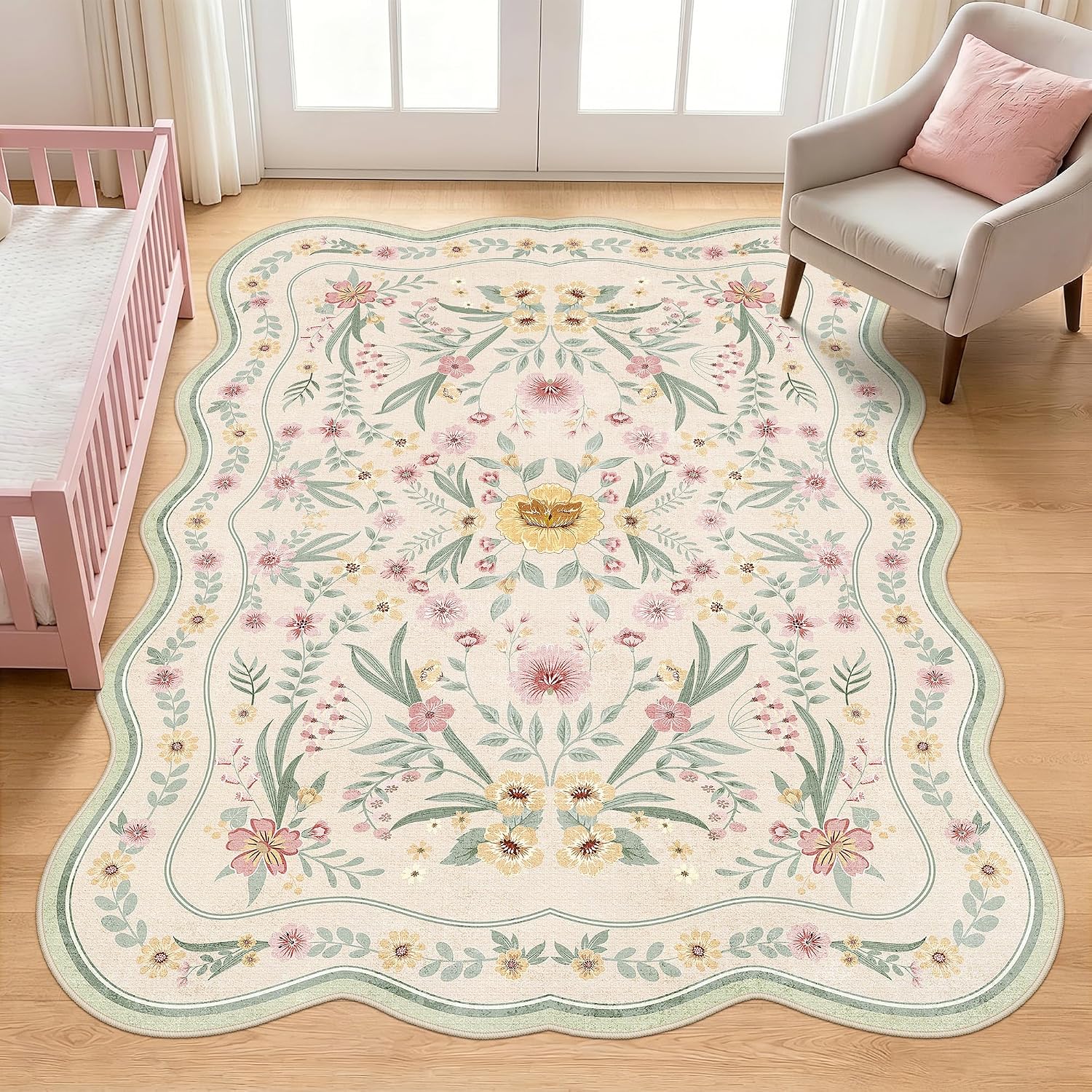 Green Scalloped Floral Washable Rug - Rugsco.ca
