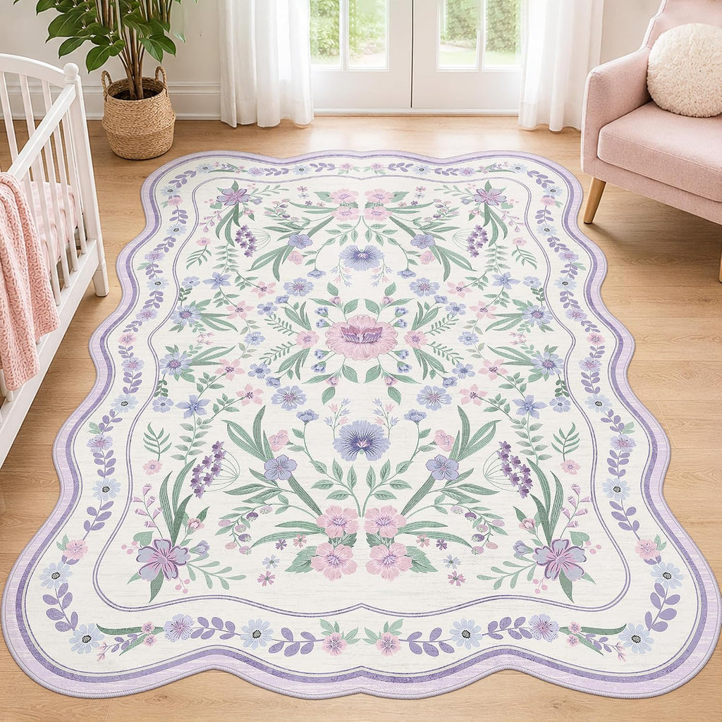 Purple Scalloped Floral Washable Rug - Rugsco.ca