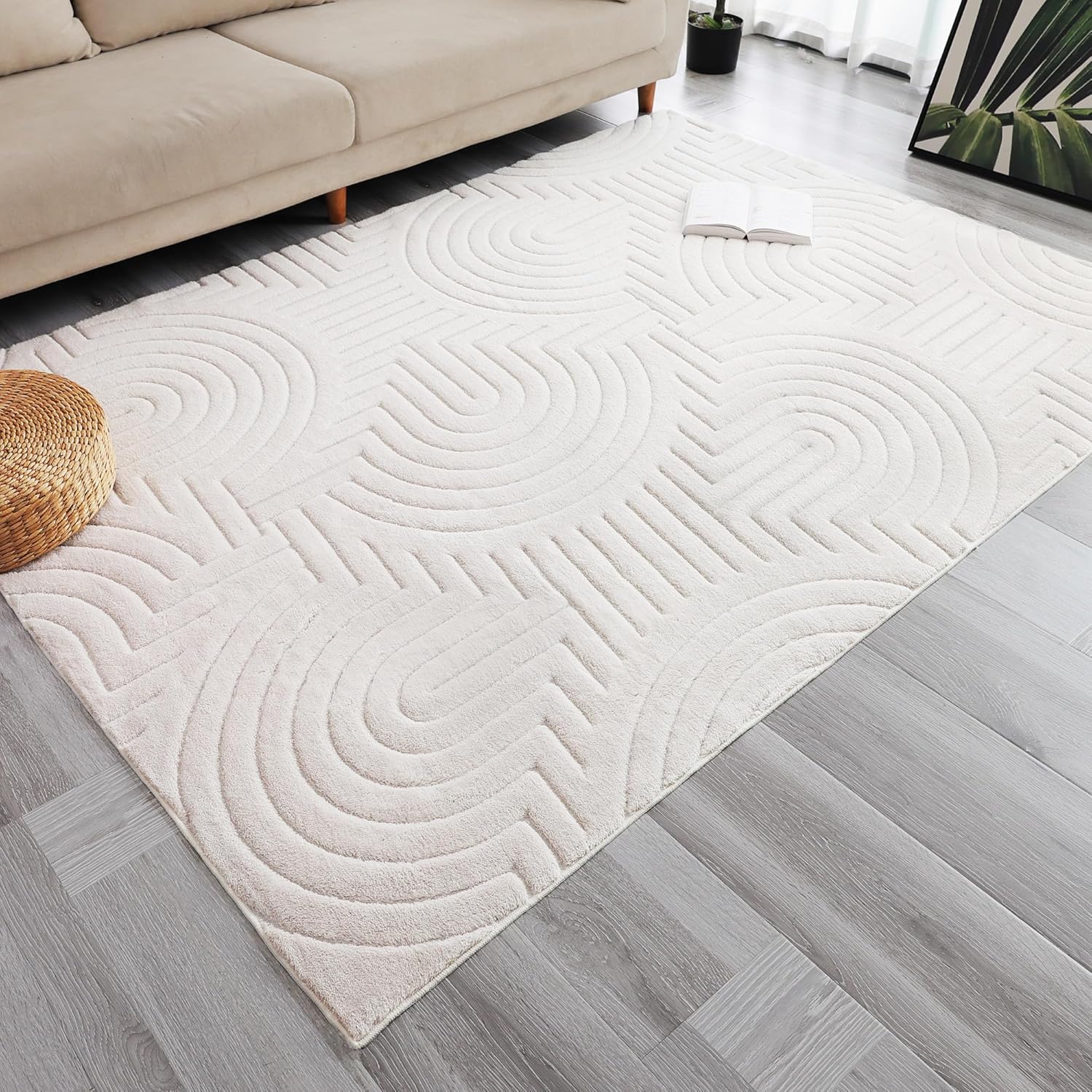 Agora Collection Plush Shag Rug 5x7 White Boho Geometric