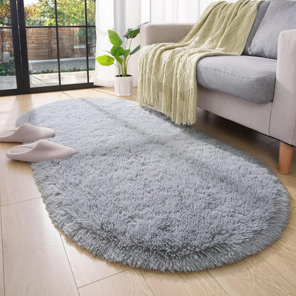 Oval Fluffy Rug Grey Plain 3x8