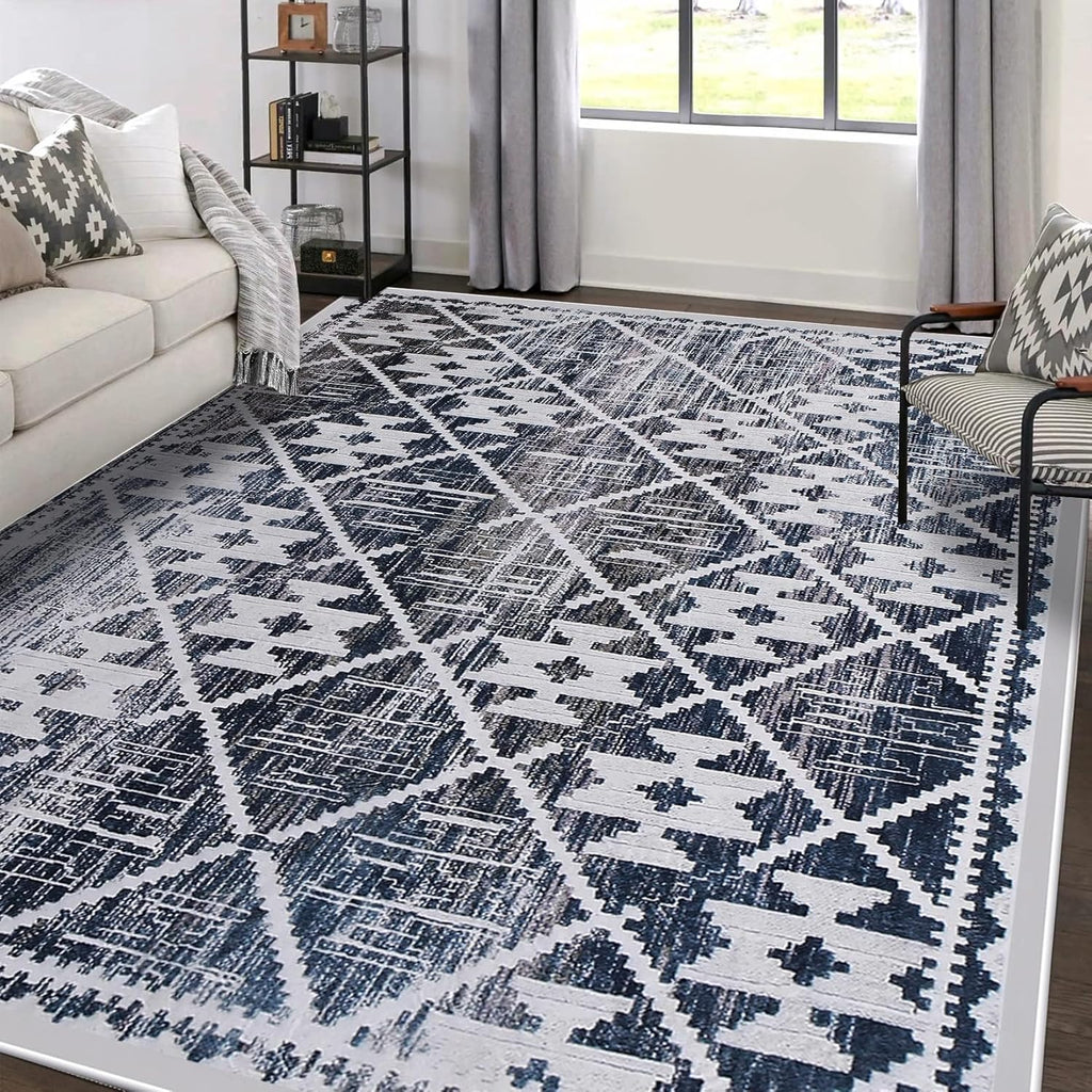 Modern Rug 5x7 Thin Beige and Blue Machine Washable Area Rug