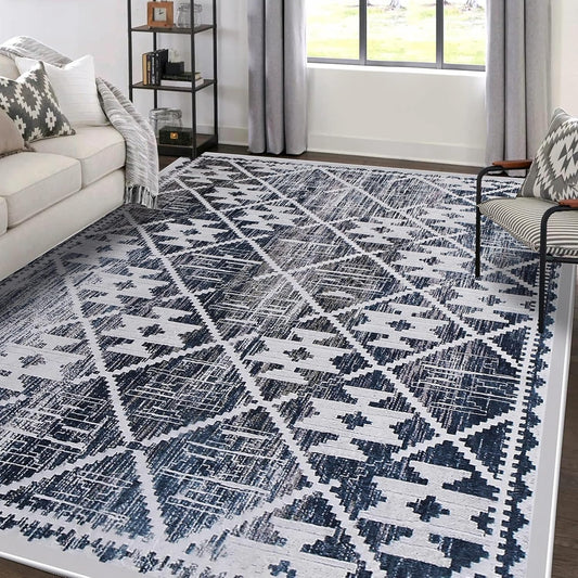 Modern Rug 5x7 Thin Beige and Blue Machine Washable Area Rug