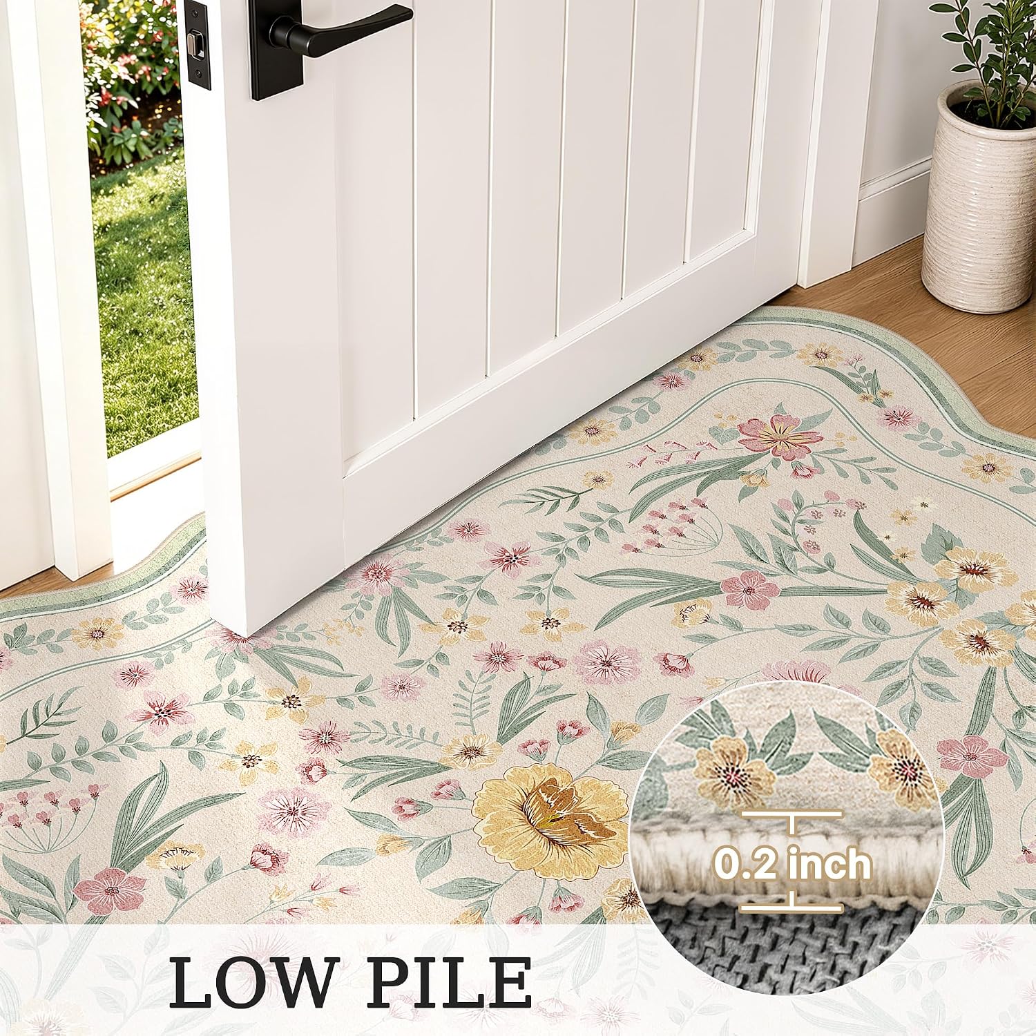 Green Scalloped Floral Washable Rug - Rugsco.ca
