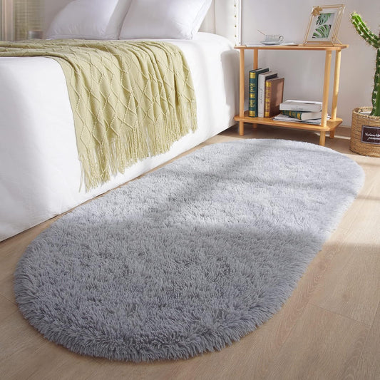 Oval Fluffy Rug Grey Plain 3x5