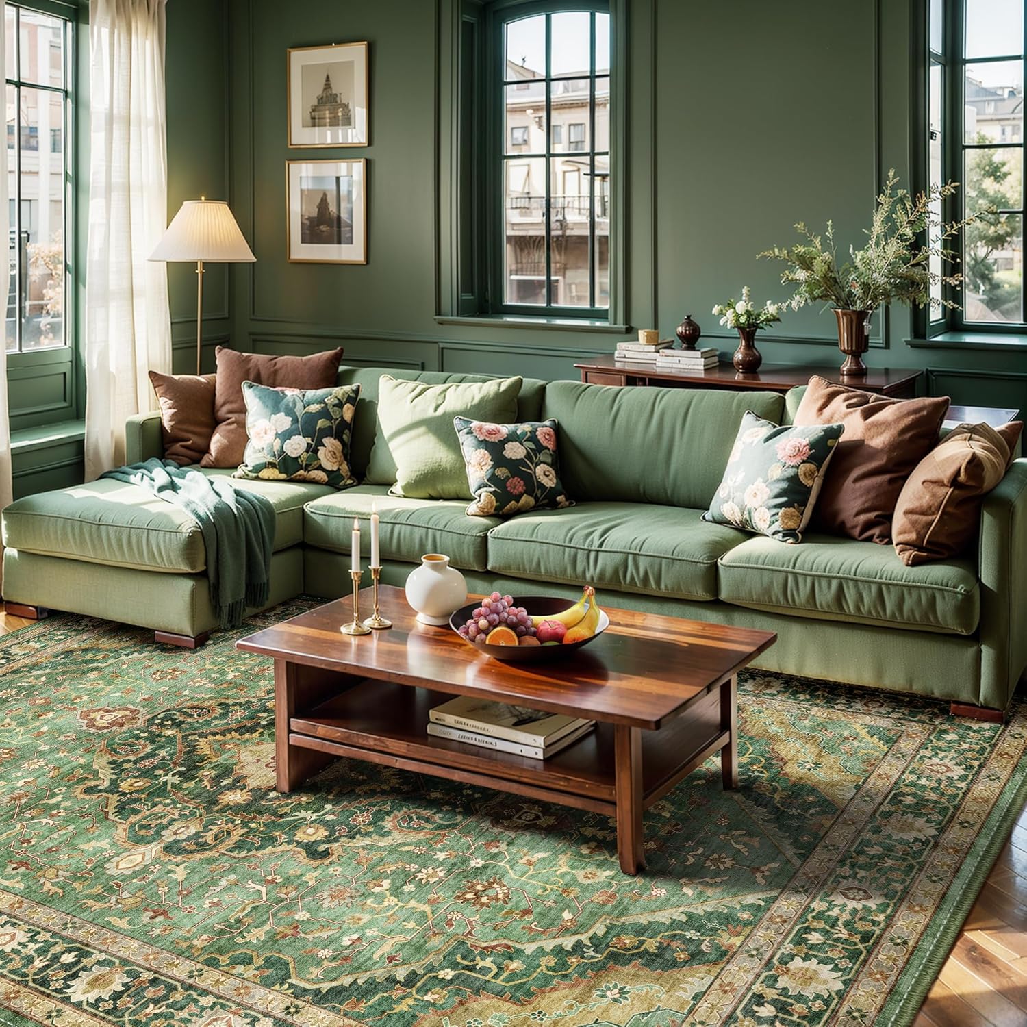 Turkish Rug Green Living Room Kitchen and Bedroom