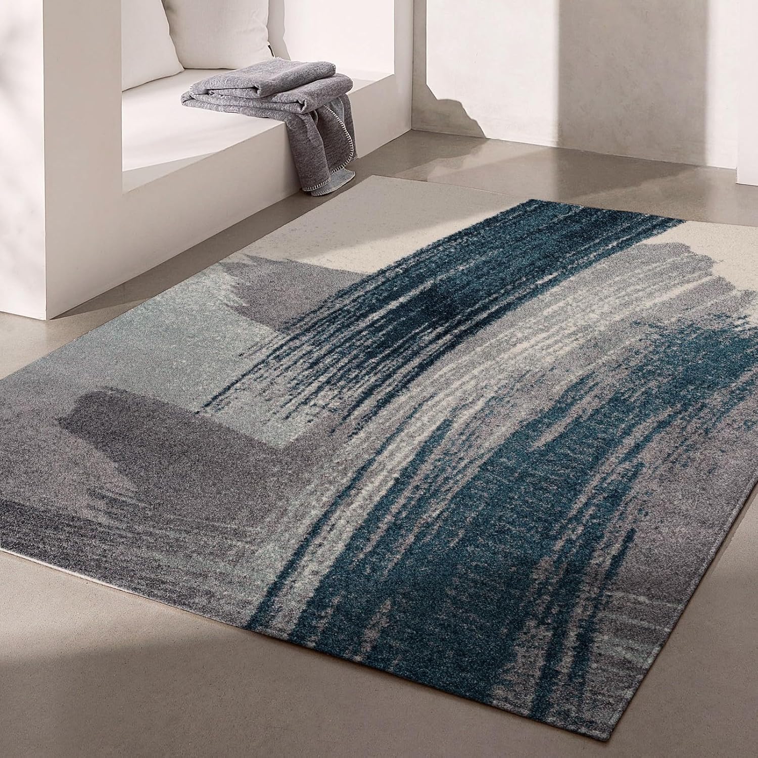 Modern Abstract Rug 4x6 White Blue Abstract Modern  Living Room Kitchen and Bedroom Area Rug