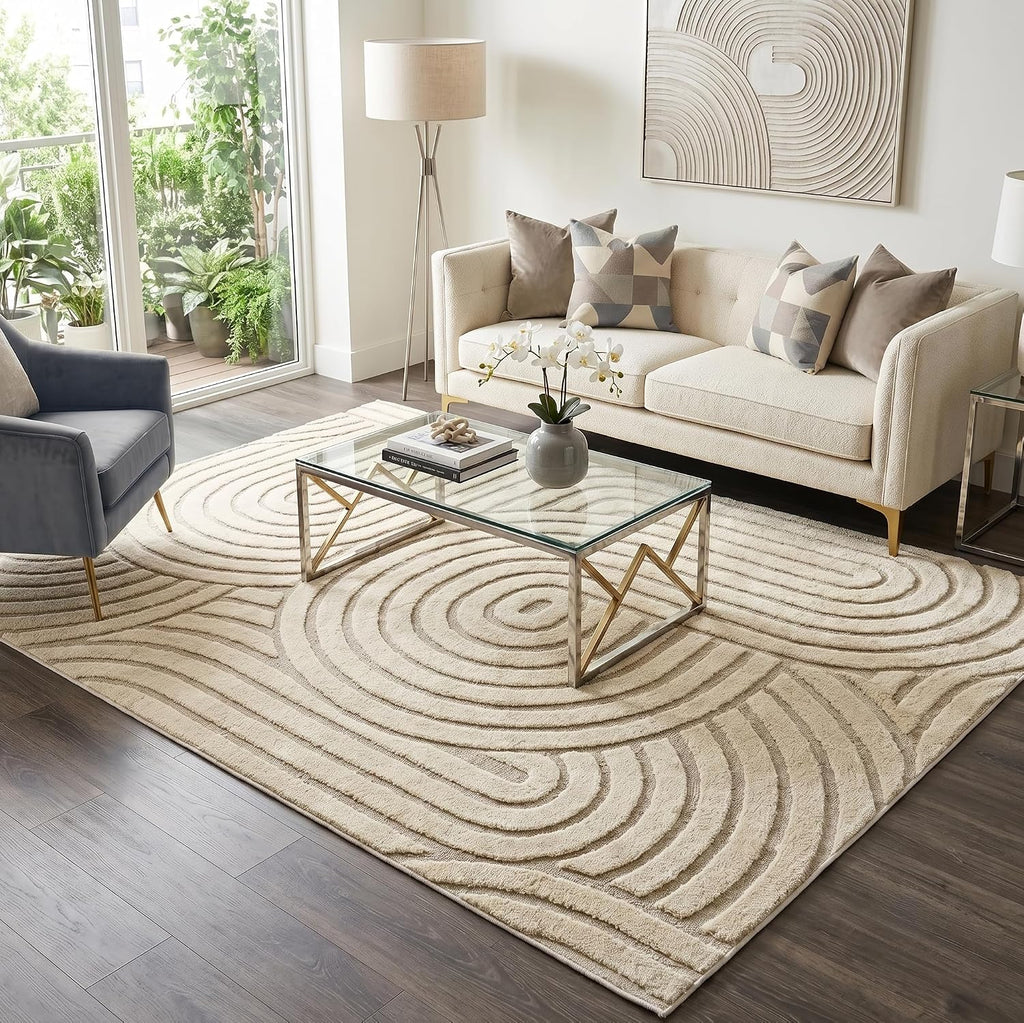 Velvet Cream Beige Circles Washable Rug - Rugsco.ca