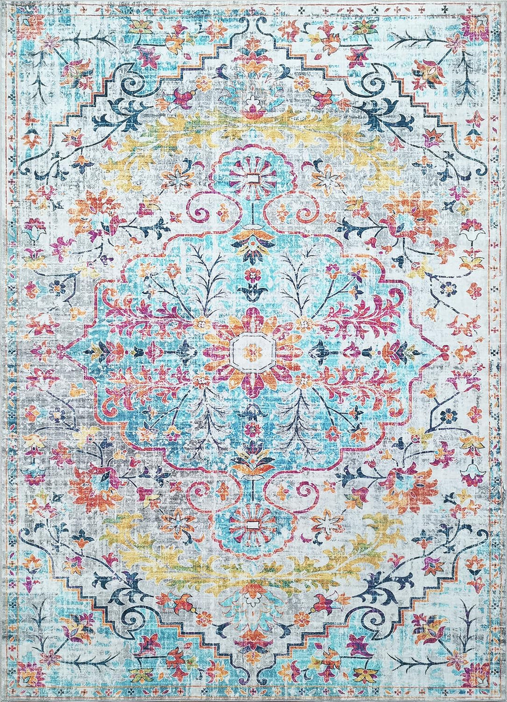 Modern Washable Rug Boho Non-Slip Blue Beige and Multicolor Area Rug