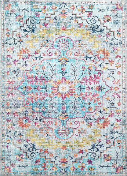Modern Washable Rug Boho Non-Slip Blue Beige and Multicolor Area Rug