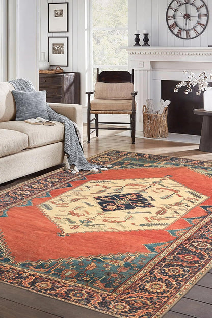 Turkish Rug Red Yellow Boho Living Room  Kitchen and Bedroom