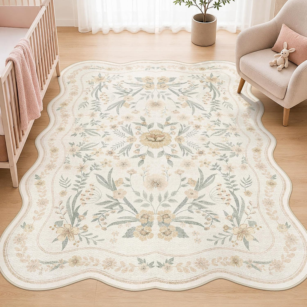 Beige Scalloped Floral Washable Rug - Rugsco.ca