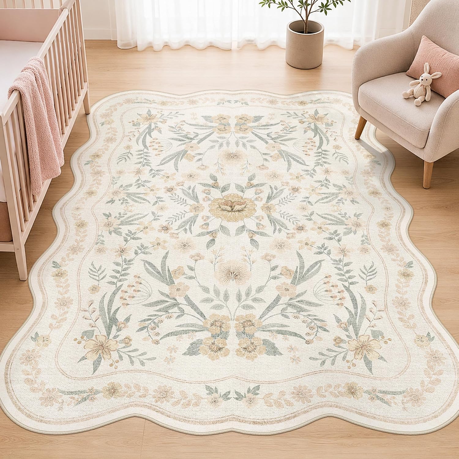 Beige Scalloped Floral Washable Rug - Rugsco.ca