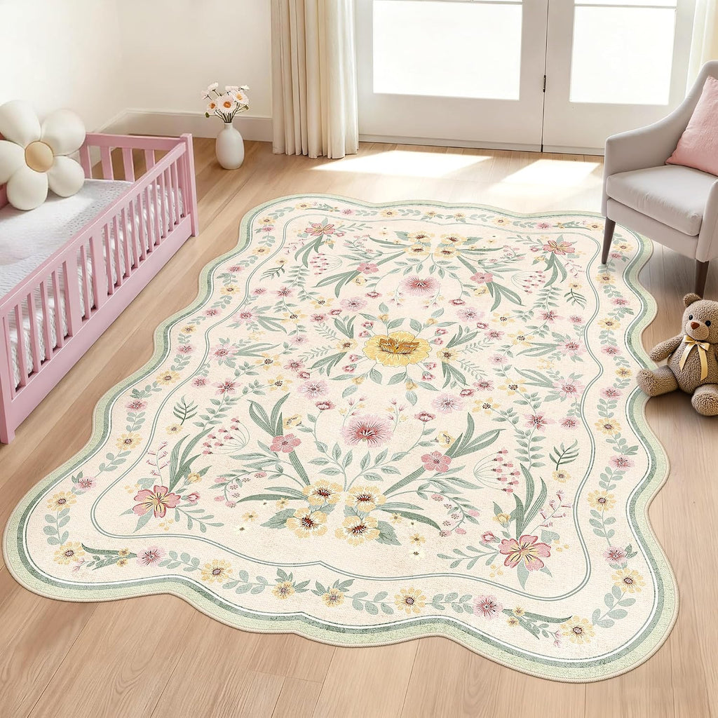 Green Scalloped Floral Washable Rug - Rugsco.ca