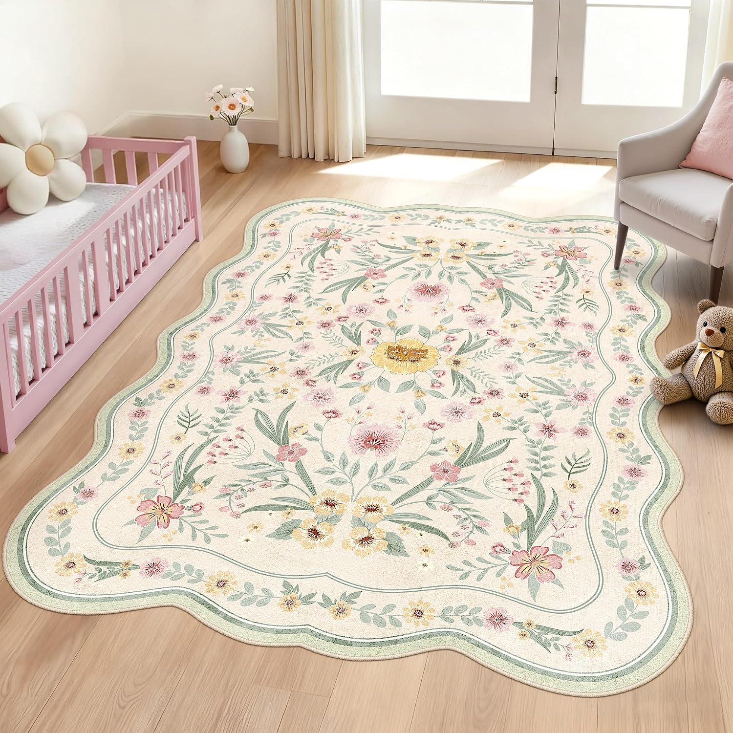 Green Scalloped Floral Washable Rug - Rugsco.ca