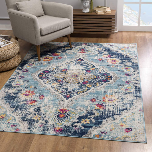 Modern Abstract Rug Blue Boho Modern  Living Room Kitchen and Bedroom