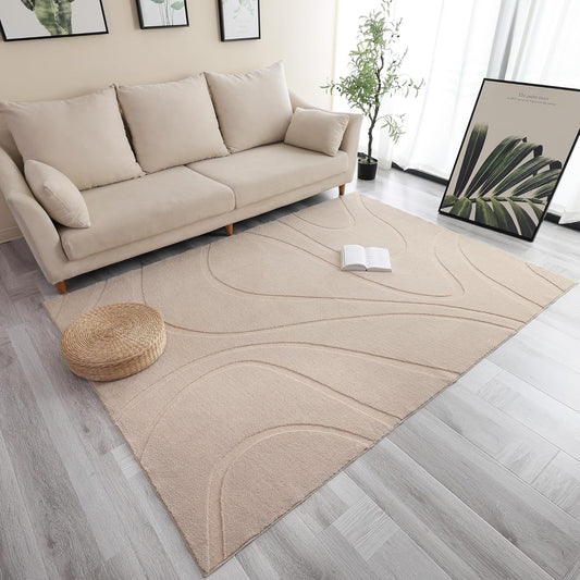 High Low Faux Fur Shag Rug Beige Boho Wavy Pattern Living Room & Bedroom Rug - 