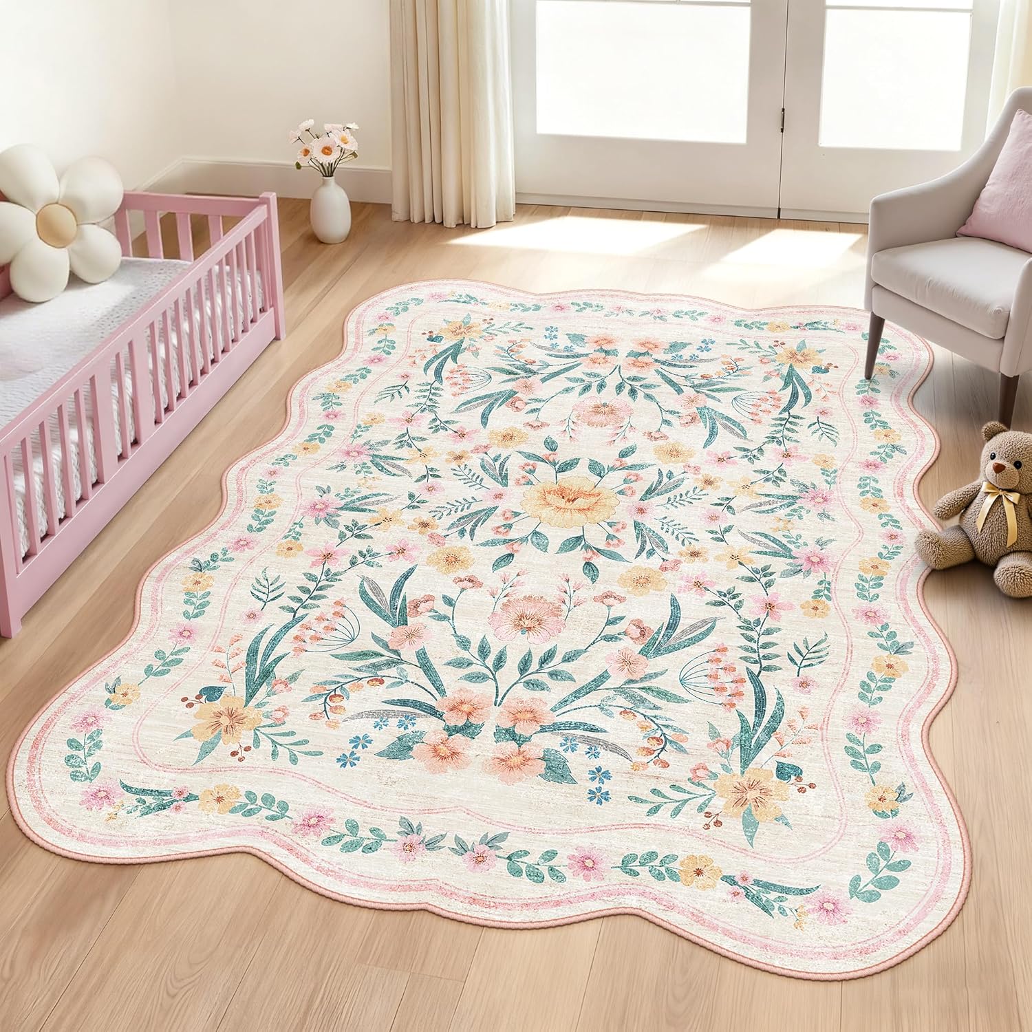 Pink Scalloped Floral Washable Rug - Rugsco.ca