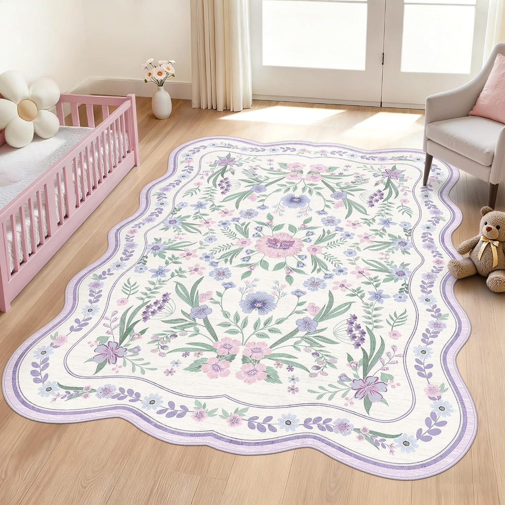 Purple Scalloped Floral Washable Rug - Rugsco.ca