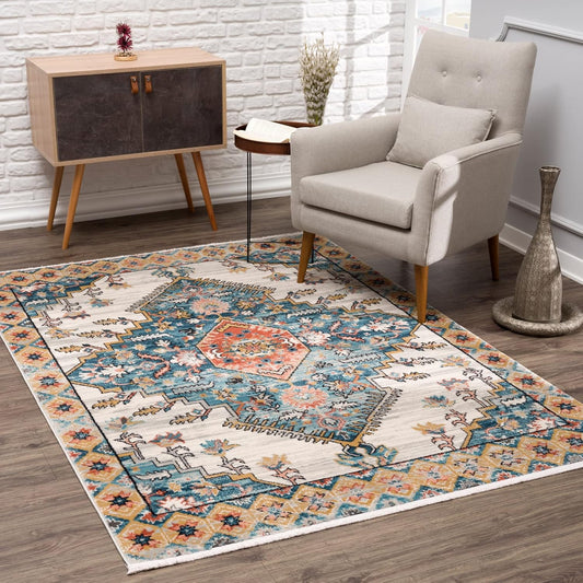Persian Rug Traditional Patterned Orange Turquoise Multicolor Area Rug