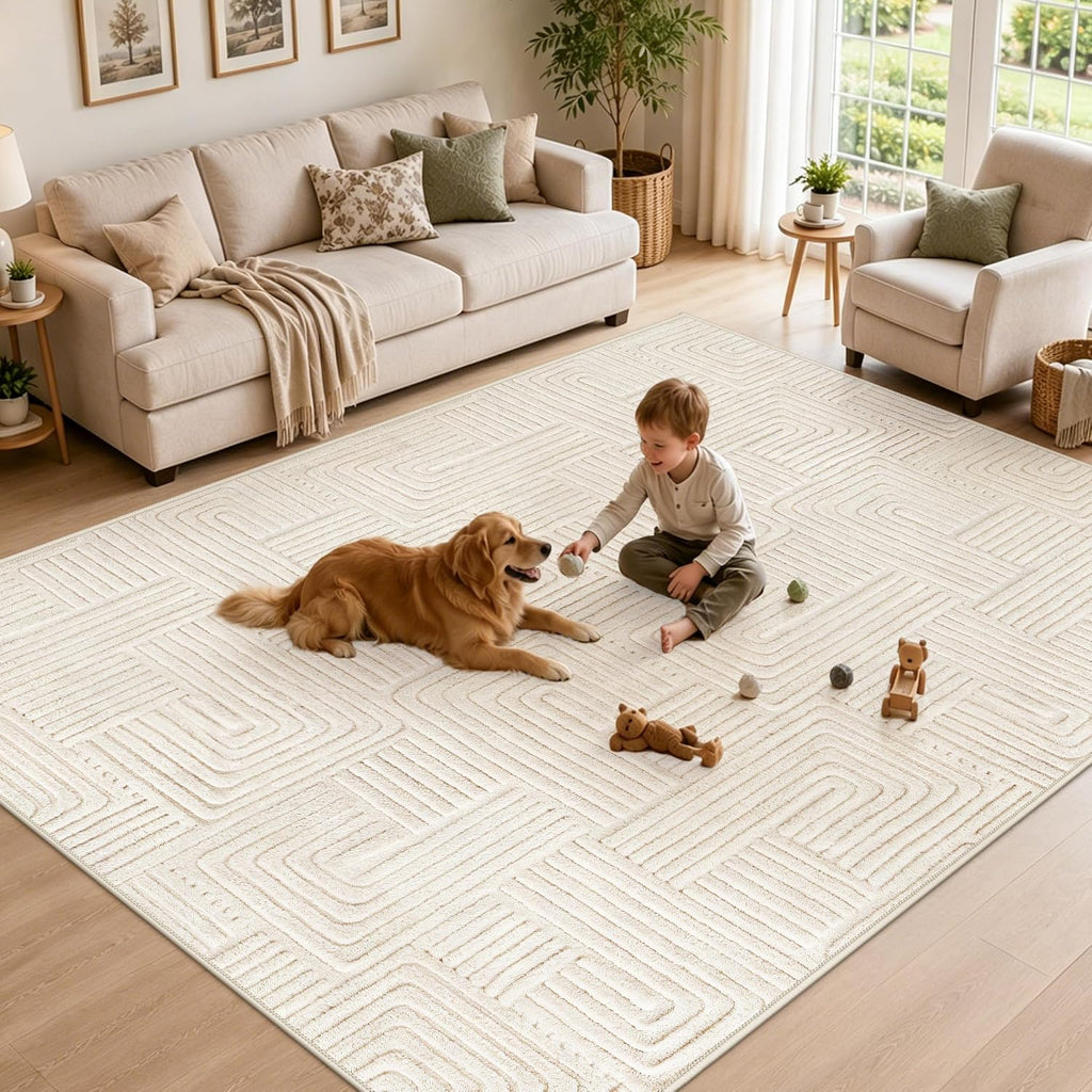Geometric Cream Boho Washable Rug - Rugsco.ca