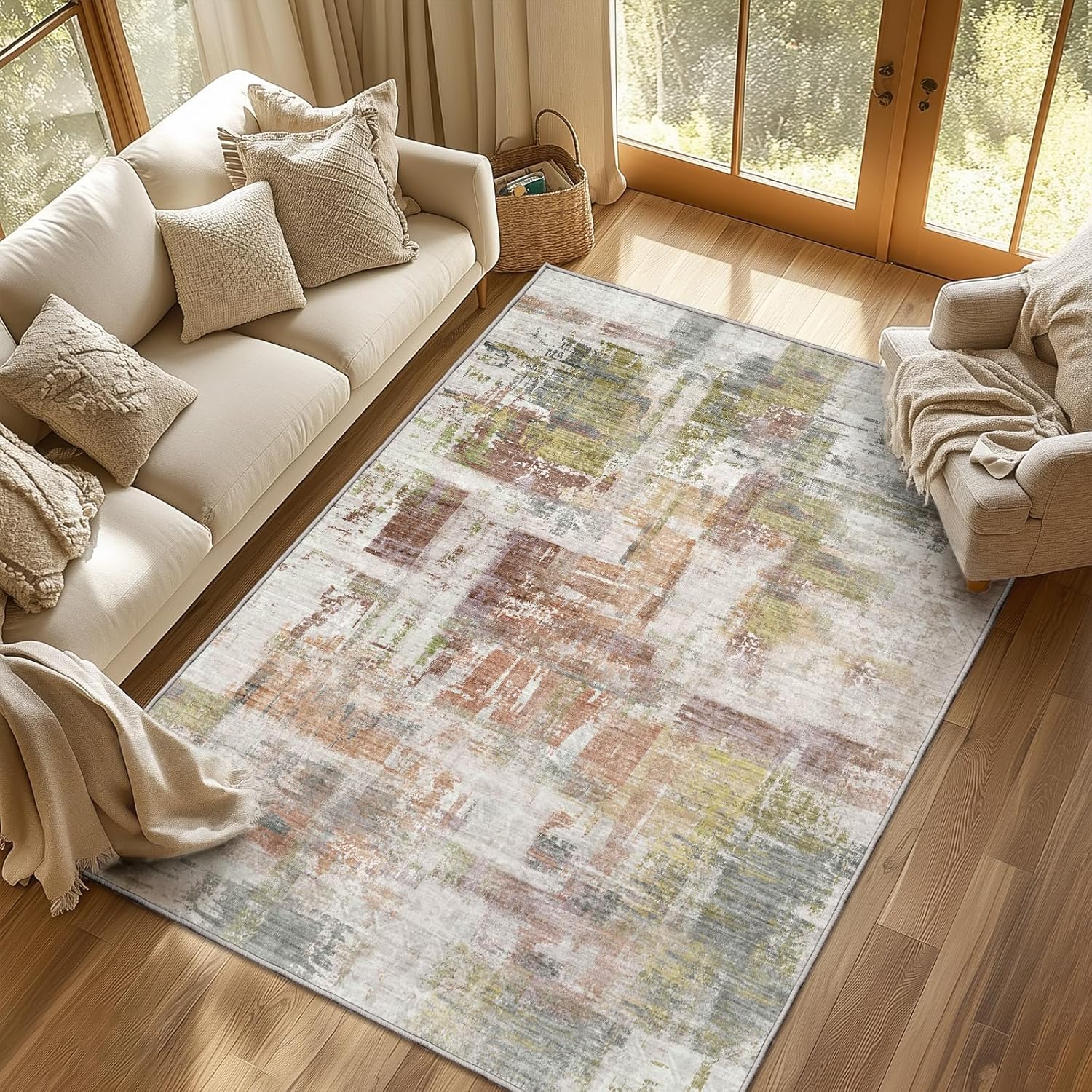 Boho Rug Red Abstract Non Slip Modern  Living Room Kitchen and Bedroom