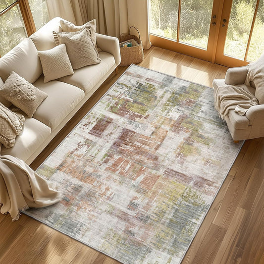 Boho Rug Red Abstract Non Slip Modern  Living Room Kitchen and Bedroom