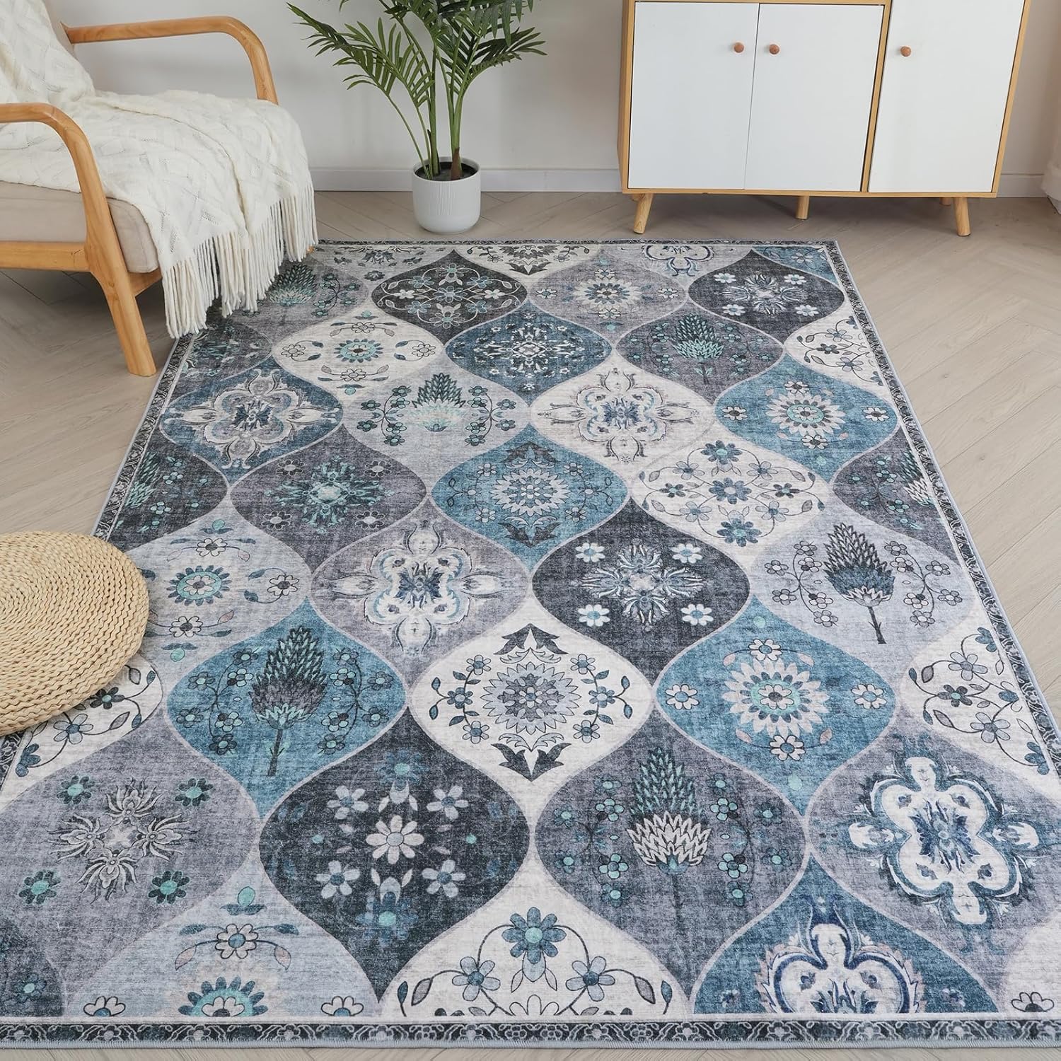 Turkish Blue Rug Non Slip Modern  Living Room Kitchen and Bedroom