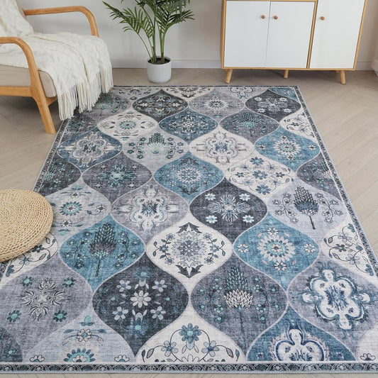 Turkish Blue Rug Non Slip Modern  Living Room Kitchen and Bedroom