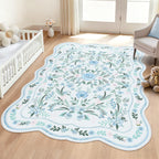 Blue Scalloped Floral Washable Rug - Rugsco.ca