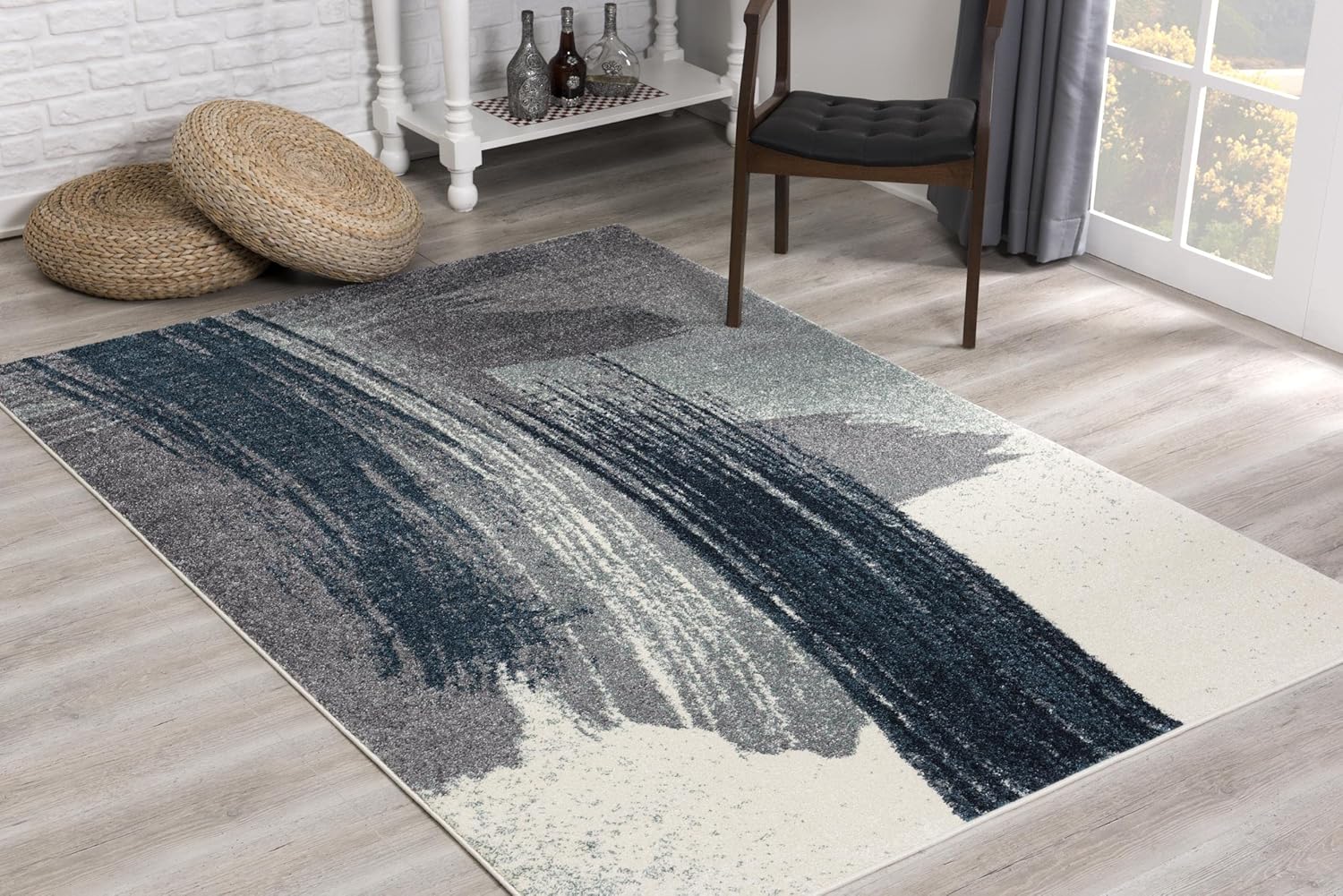 Modern Abstract Rug 4x6 White Blue Abstract Modern  Living Room Kitchen and Bedroom Area Rug