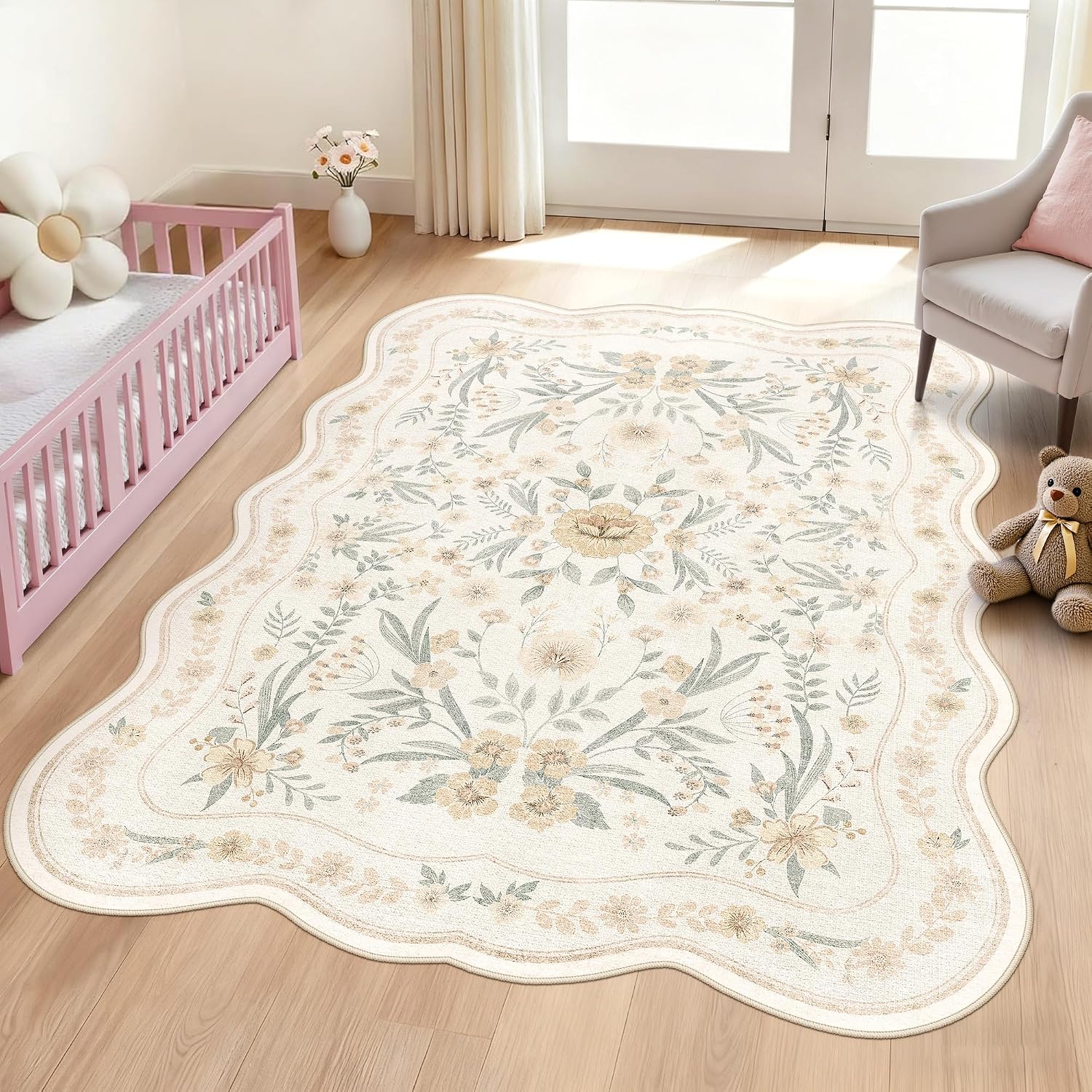 Beige Scalloped Floral Washable Rug - Rugsco.ca