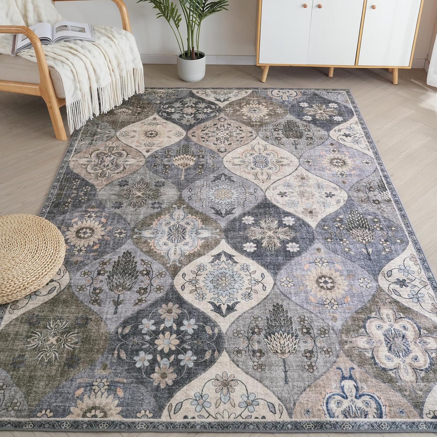Turkish Blue grey Rug Non Slip Modern  Living Room Kitchen and Bedroom