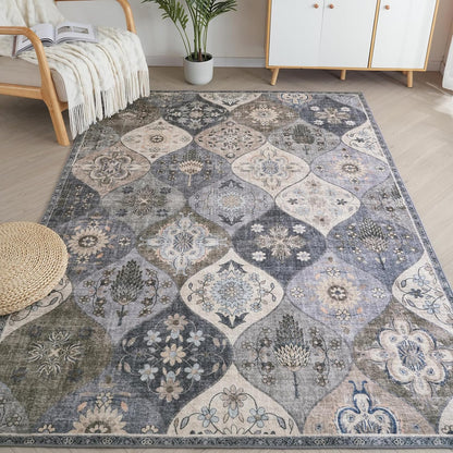 Turkish Blue grey Rug Non Slip Modern  Living Room Kitchen and Bedroom