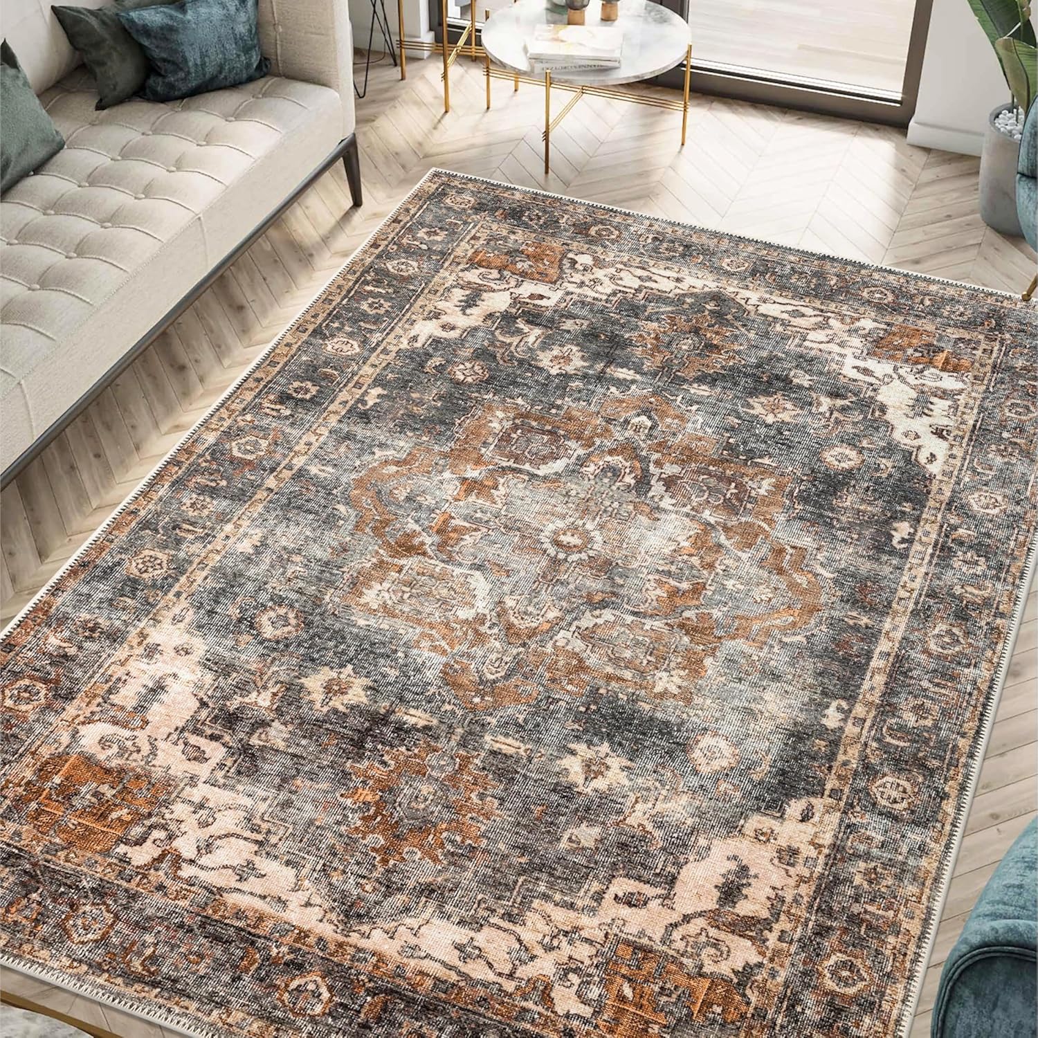 Turkish Rug Ethnic Patterned Grey Copper Boho Living Room  Kitchen and Bedroom