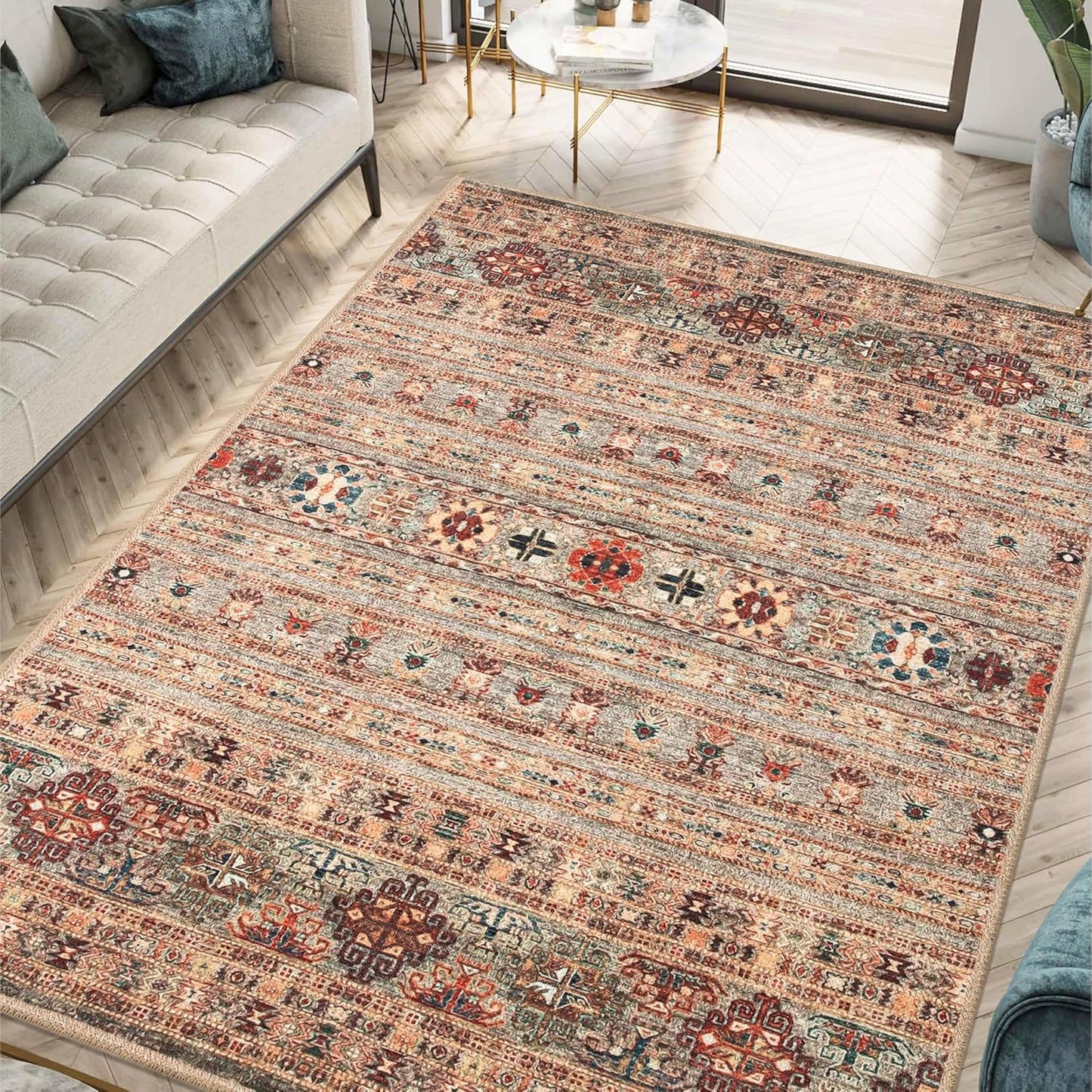 Turkish Rug Beige Brown Boho Living Room  Kitchen and Bedroom